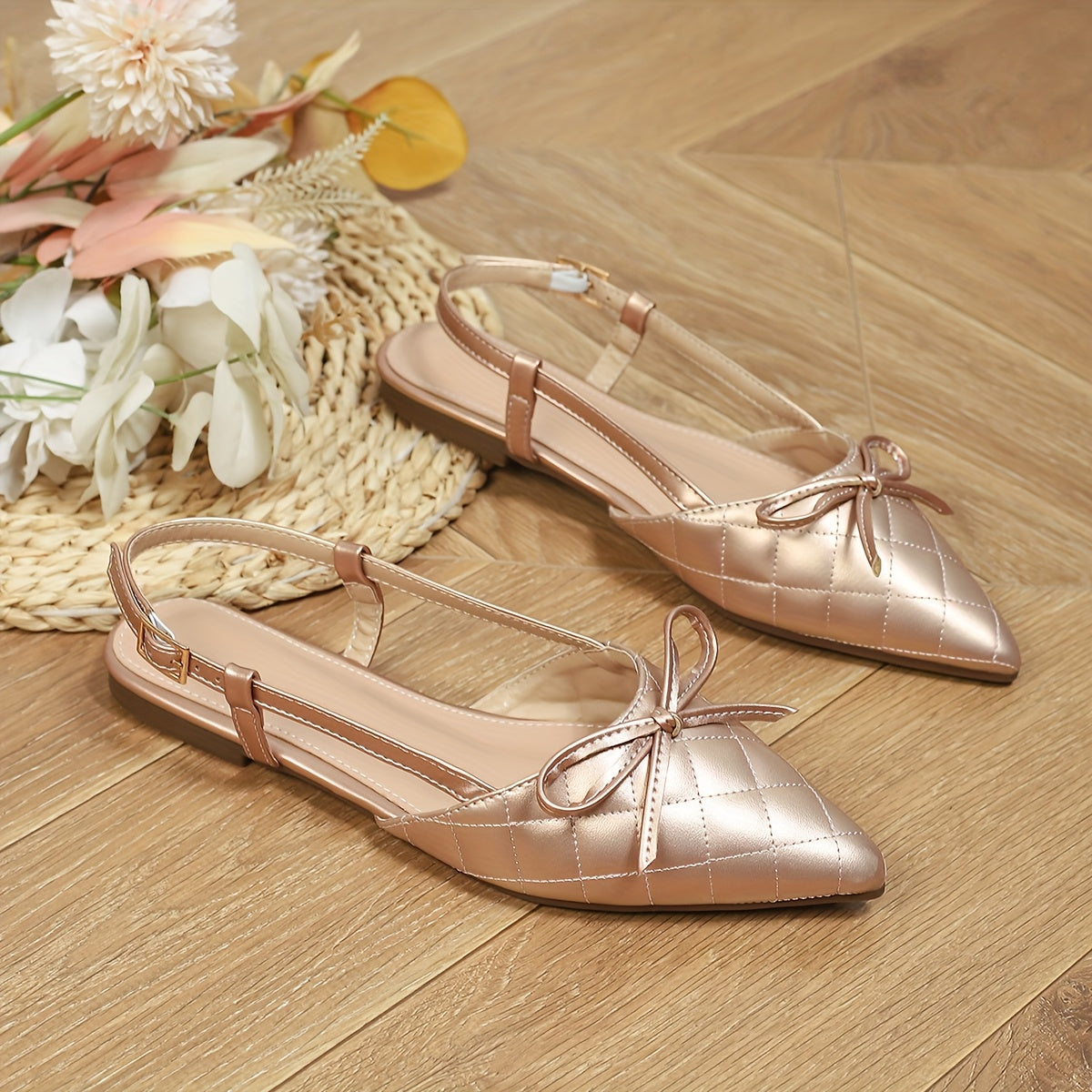 Women's Elegant Slip-On Pointed Toe Sandals with Bow Detail - Soft Flat Sole, Rose Golden PU Cover & Rubber Outfit-Boosting Flats for Dresses, Casual to Formal Events, Dress Shoes, Chic Footwear, Stylish Finish, Fashion Footwear, Stylish Women