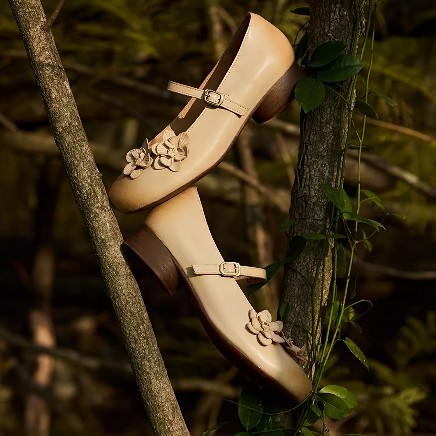 Women's Elegant Synthetic Cover Low Heel Flats with Adjustable Ankle Strap & Floral Embellishment - Round Toe Summer Casual Shoes, Beige, Everyday Comfort Footwear | Durable Traction Footwear