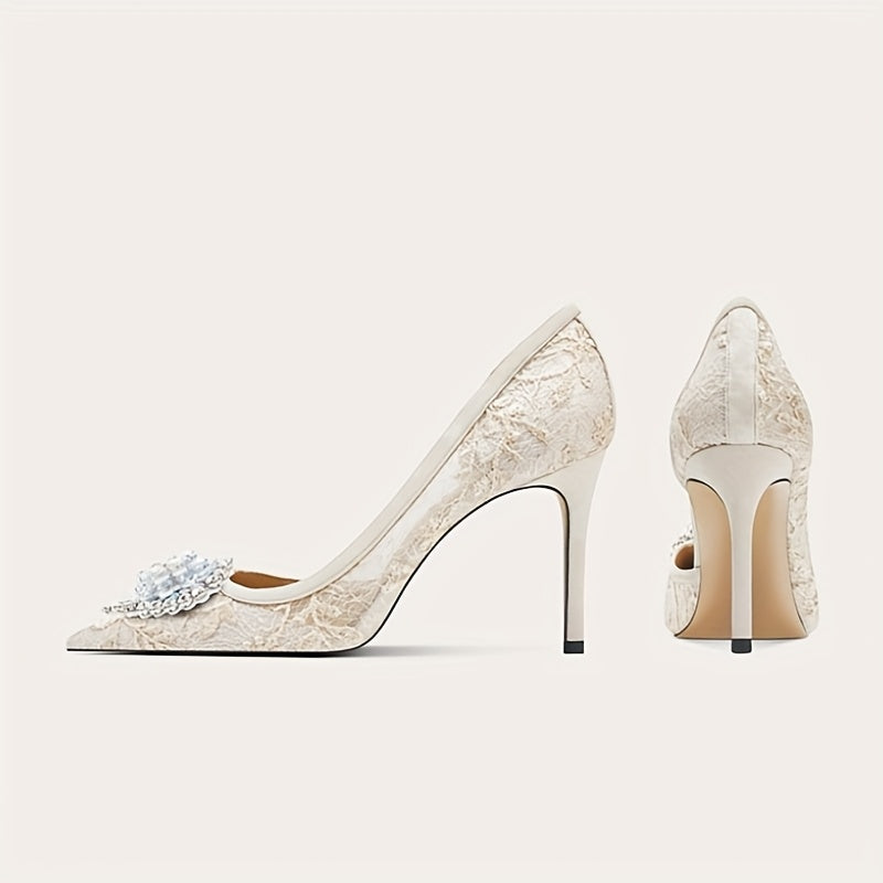 Elegant Women's Floral Lace High Heels with Rhinestone Embellishments, Pointed-Toe Stiletto Sandals - Side Cut-Out Design, Sheer Mesh Upper, Rubber Sole, Perfect for Weddings & Formal Events, Stiletto Heels