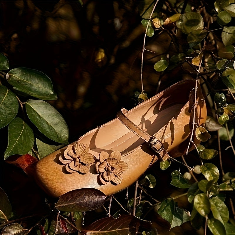 Women's Elegant Synthetic Cover Low Heel Flats with Adjustable Ankle Strap & Floral Embellishment - Round Toe Summer Casual Shoes, Beige, Everyday Comfort Footwear | Durable Traction Footwear