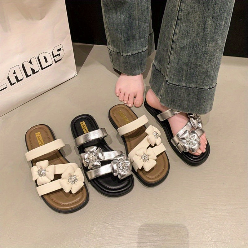 2025 New Korean Style Summer Open-Toe Flat Sandals for Women - Casual Fashion, Floral Embellishments, Non-Slip Rubber Sole, Ankle Strap, Beige & Black Design, Summer Sandal