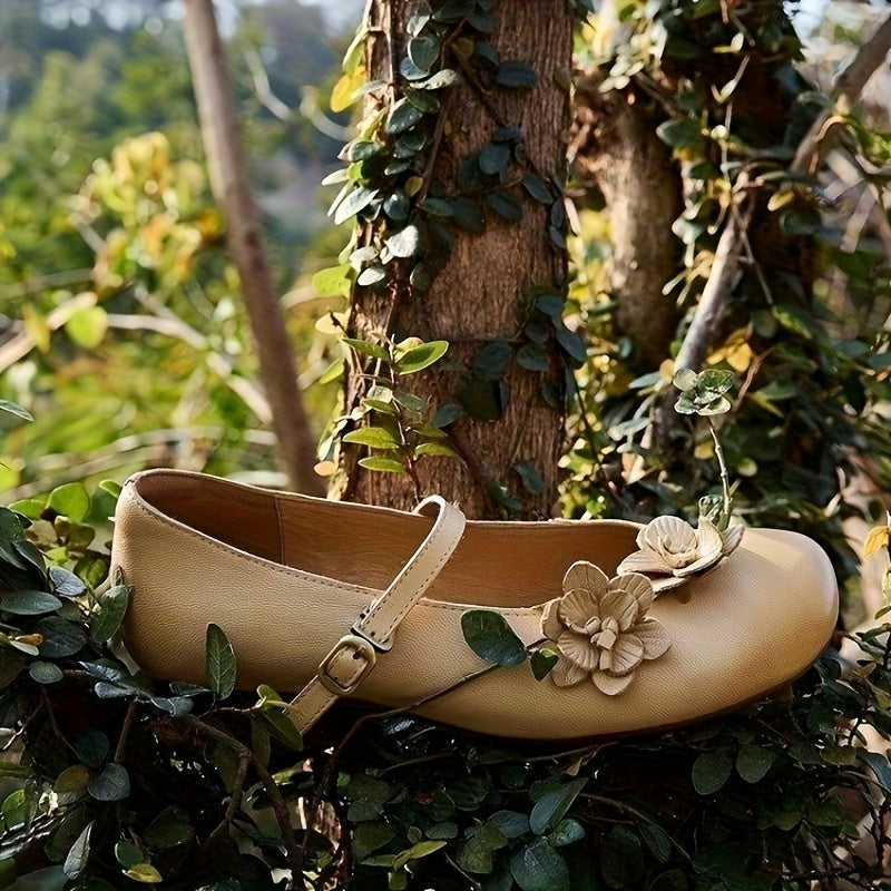 Women's Elegant Synthetic Cover Low Heel Flats with Adjustable Ankle Strap & Floral Embellishment - Round Toe Summer Casual Shoes, Beige, Everyday Comfort Footwear | Durable Traction Footwear