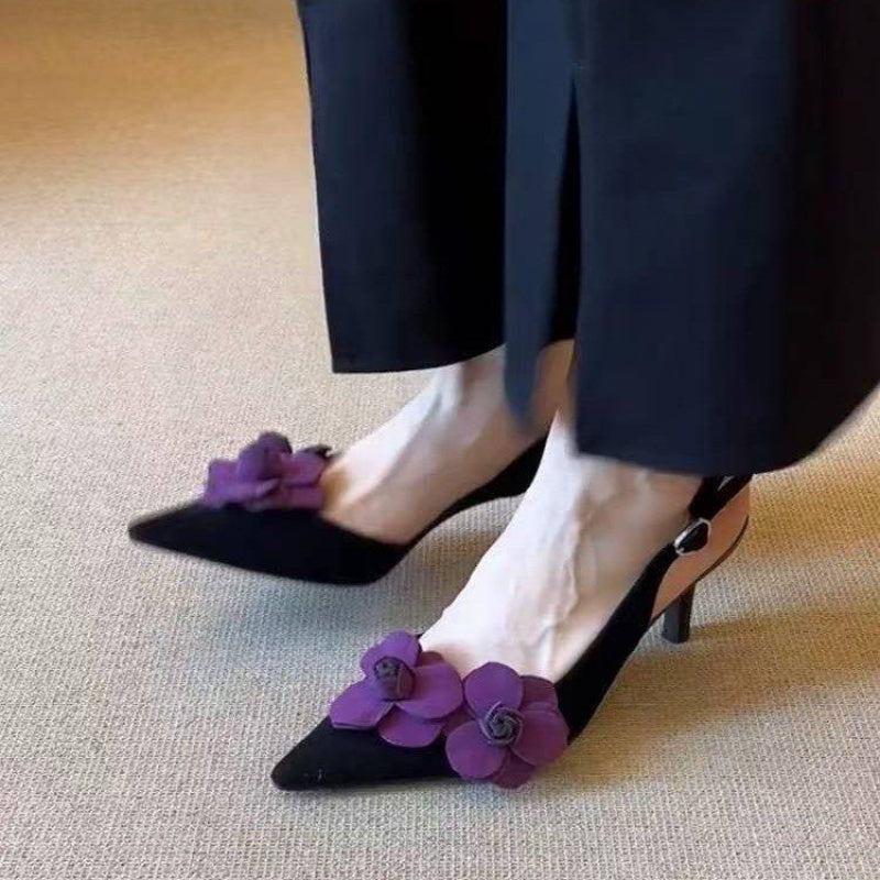 Elegant Women'S Floral Pointed-Toe Mid-Heel Pumps - Black Fabric with Purple Bow Detail, Ankle Strap & Stiletto Heel, Summer Office & Formal Shoes, New 2025 Design, Formal Footwear, Sophisticated Style, Durable Rubber Sole