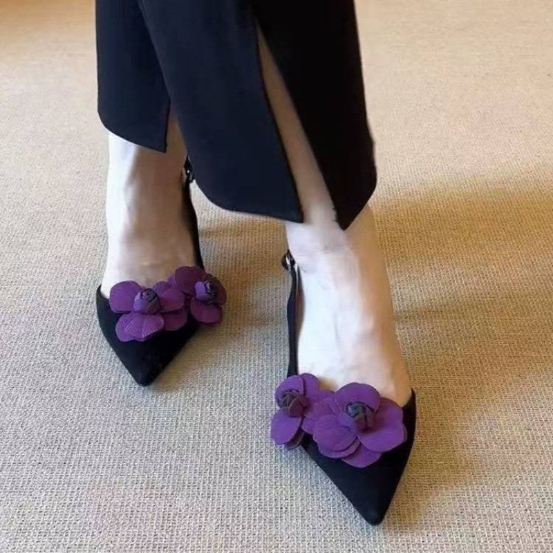 Elegant Women'S Floral Pointed-Toe Mid-Heel Pumps - Black Fabric with Purple Bow Detail, Ankle Strap & Stiletto Heel, Summer Office & Formal Shoes, New 2025 Design, Formal Footwear, Sophisticated Style, Durable Rubber Sole