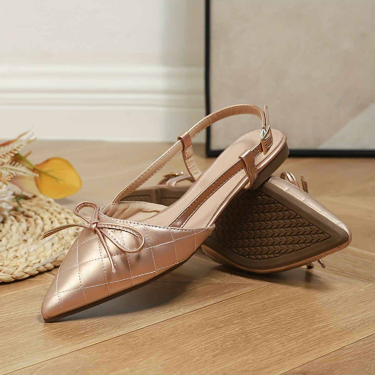 Women's Elegant Slip-On Pointed Toe Sandals with Bow Detail - Soft Flat Sole, Rose Golden PU Cover & Rubber Outfit-Boosting Flats for Dresses, Casual to Formal Events, Dress Shoes, Chic Footwear, Stylish Finish, Fashion Footwear, Stylish Women