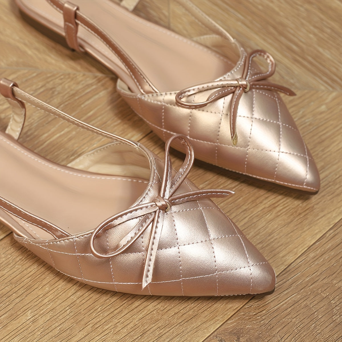 Women's Elegant Slip-On Pointed Toe Sandals with Bow Detail - Soft Flat Sole, Rose Golden PU Cover & Rubber Outfit-Boosting Flats for Dresses, Casual to Formal Events, Dress Shoes, Chic Footwear, Stylish Finish, Fashion Footwear, Stylish Women