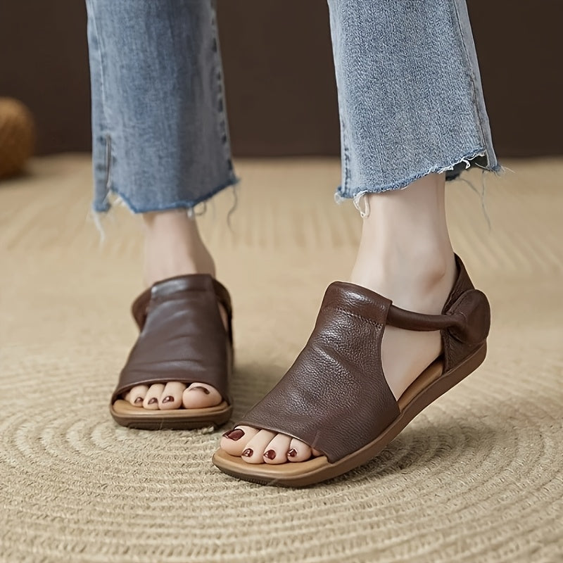 Comfortable Sandals Comfortable Brown PU Women's Summer Sandals | Open-Toe Flat Sandals with Adjustable Hook-and-Loop Strap, Soft Rubber Sole, Casual Strappy Sandals, Durable Footwear for All Seasons