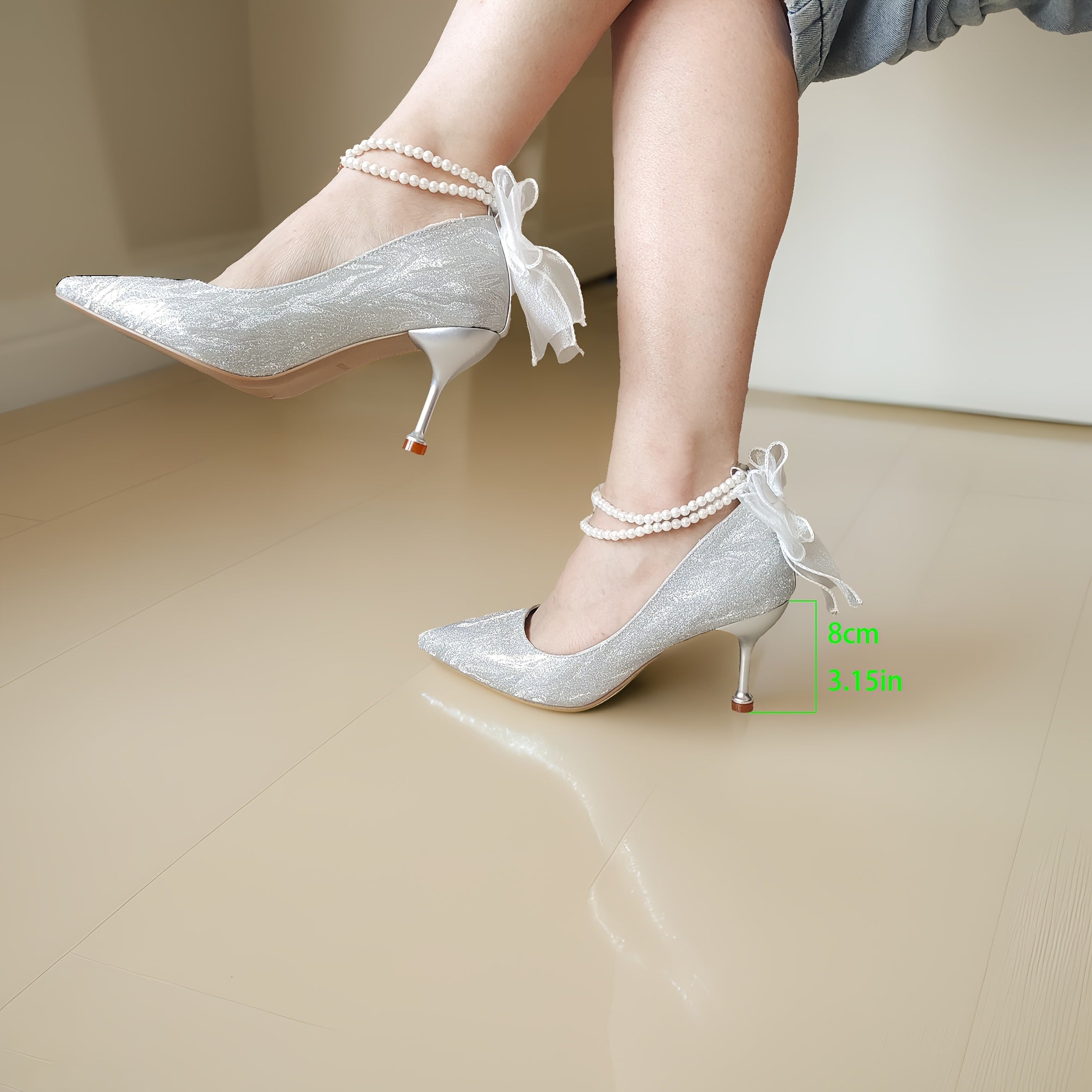 Elegant Silvery Stiletto Heels for Women with Bow Detail - Pointed Toe, Synthetic Cover, Rubber Sole, All-Season Versatile High Heels|Glittery Heels|Rubber Sole Heels