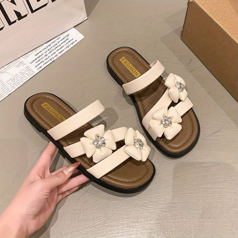 2025 New Korean Style Summer Open-Toe Flat Sandals for Women - Casual Fashion, Floral Embellishments, Non-Slip Rubber Sole, Ankle Strap, Beige & Black Design, Summer Sandal