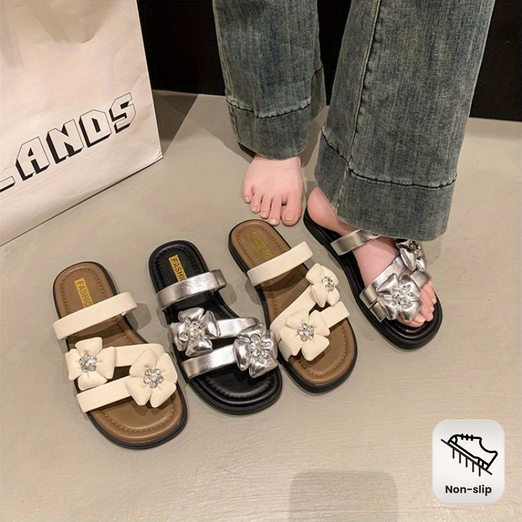 2025 New Korean Style Summer Open-Toe Flat Sandals for Women - Casual Fashion, Floral Embellishments, Non-Slip Rubber Sole, Ankle Strap, Beige & Black Design, Summer Sandal