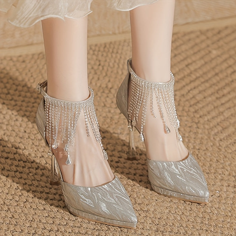 Elegant Women's Chunky Block Heel Pumps - Shimmering Fabric Upper with Tassel Ankle Strap, Ultra-High Summer Heels for Weddings & Formal Events, Synthetic Cover Lining & TPR Sole, Event Footwear | Elegant Design | Embellishments