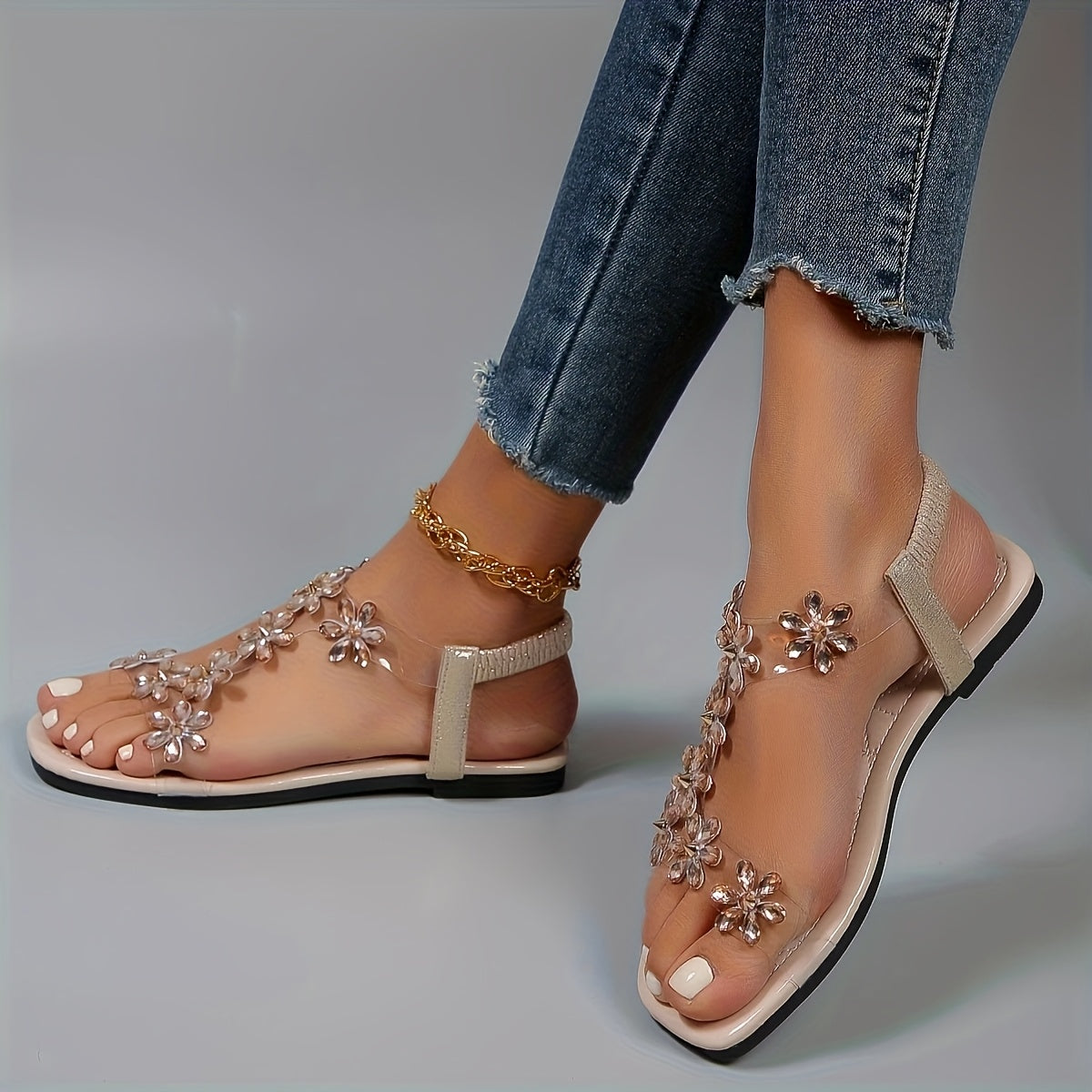 Women'S Floral Embellished Flat Sandals - Slip-On Open-Toe PU Cover with Cushioned Insole, Breathable & Lightweight for Casual Summer Outfits, Ladies Shoes And Sandals, Comfortable Footwear, Durable Traction Footwear