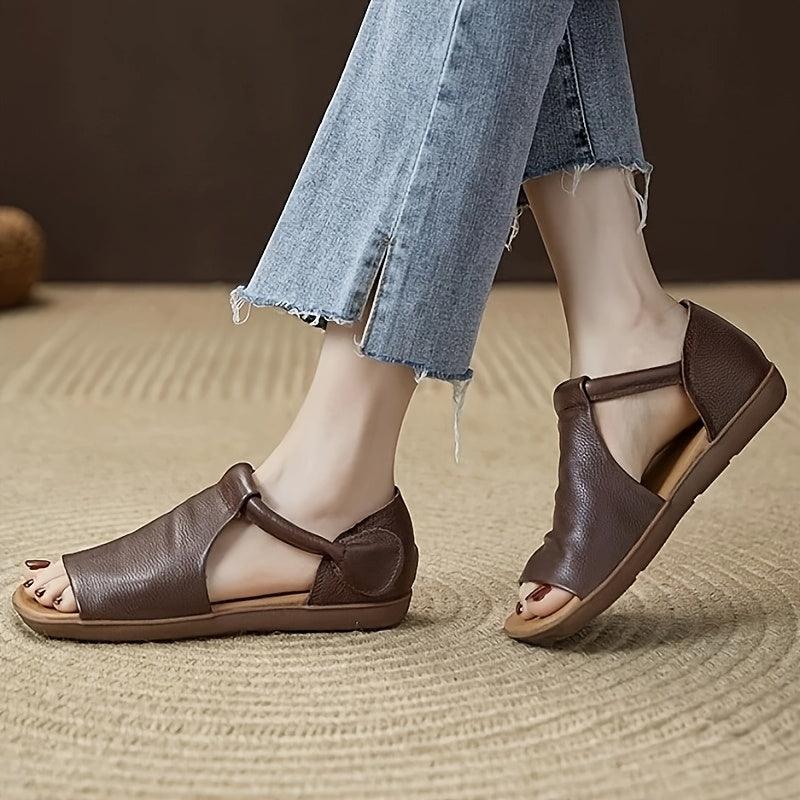 Comfortable Sandals Comfortable Brown PU Women's Summer Sandals | Open-Toe Flat Sandals with Adjustable Hook-and-Loop Strap, Soft Rubber Sole, Casual Strappy Sandals, Durable Footwear for All Seasons