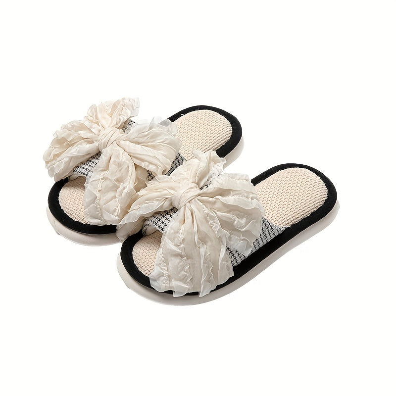 Linen Slip-On Slippers Comfortable Linen Women's Slip-On Slippers | Non-Slip Thick Sole, Bow Detail