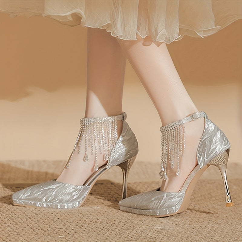 Elegant Women's Chunky Block Heel Pumps - Shimmering Fabric Upper with Tassel Ankle Strap, Ultra-High Summer Heels for Weddings & Formal Events, Synthetic Cover Lining & TPR Sole, Event Footwear | Elegant Design | Embellishments