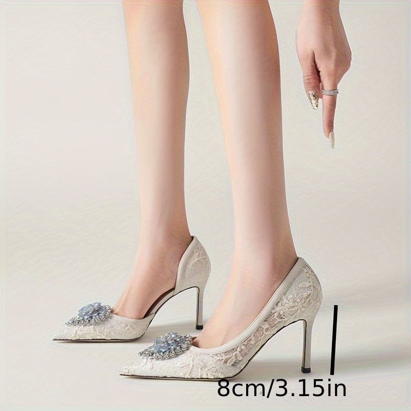 Elegant Women's Floral Lace High Heels with Rhinestone Embellishments, Pointed-Toe Stiletto Sandals - Side Cut-Out Design, Sheer Mesh Upper, Rubber Sole, Perfect for Weddings & Formal Events, Stiletto Heels