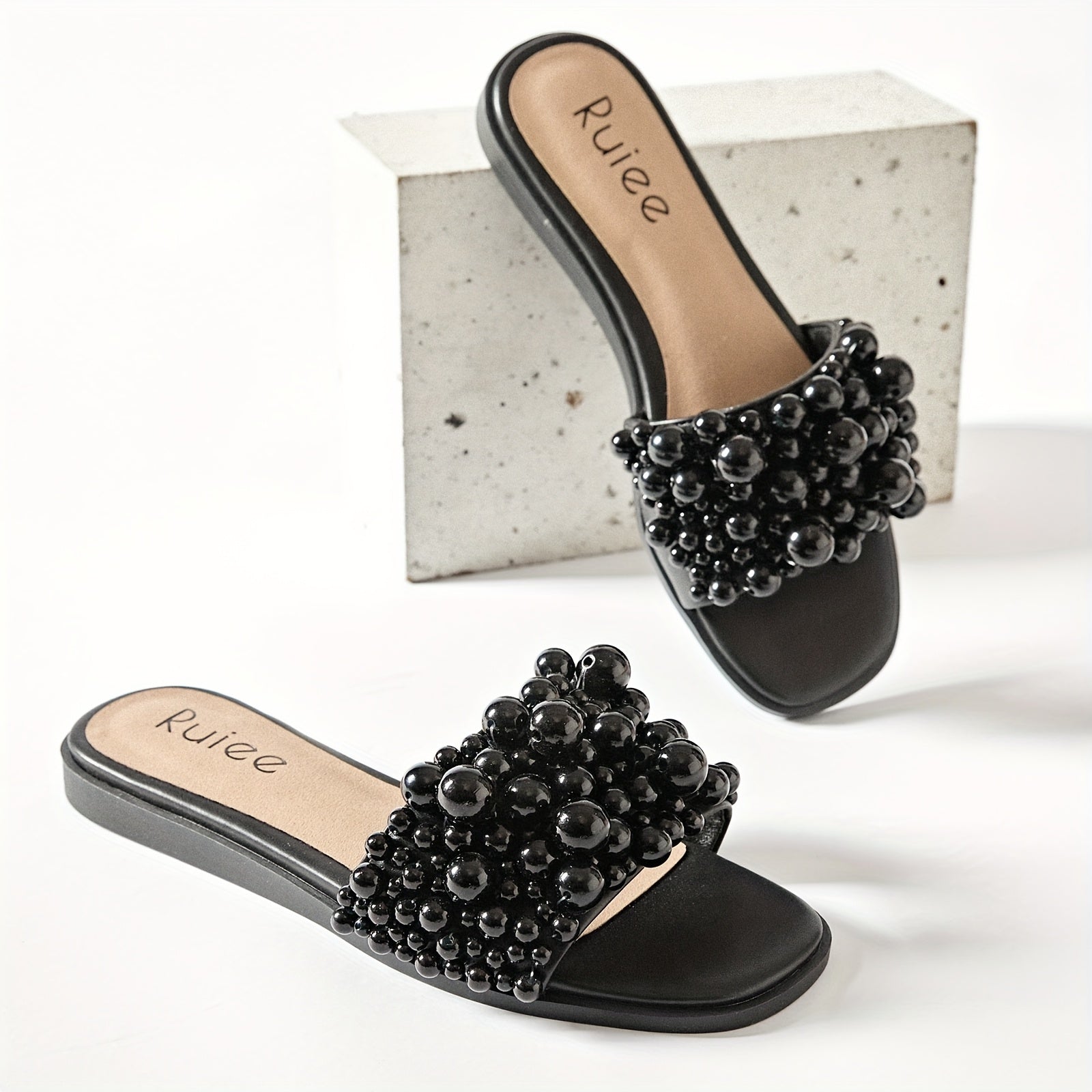 Women's -Embellished Flat Slides Sandals - Slip-On Open-Toe Summer Dressy Casual Shoes with PU Cover & TPR Sole, Comfortable White Footwear for Prom, Beach, Parties