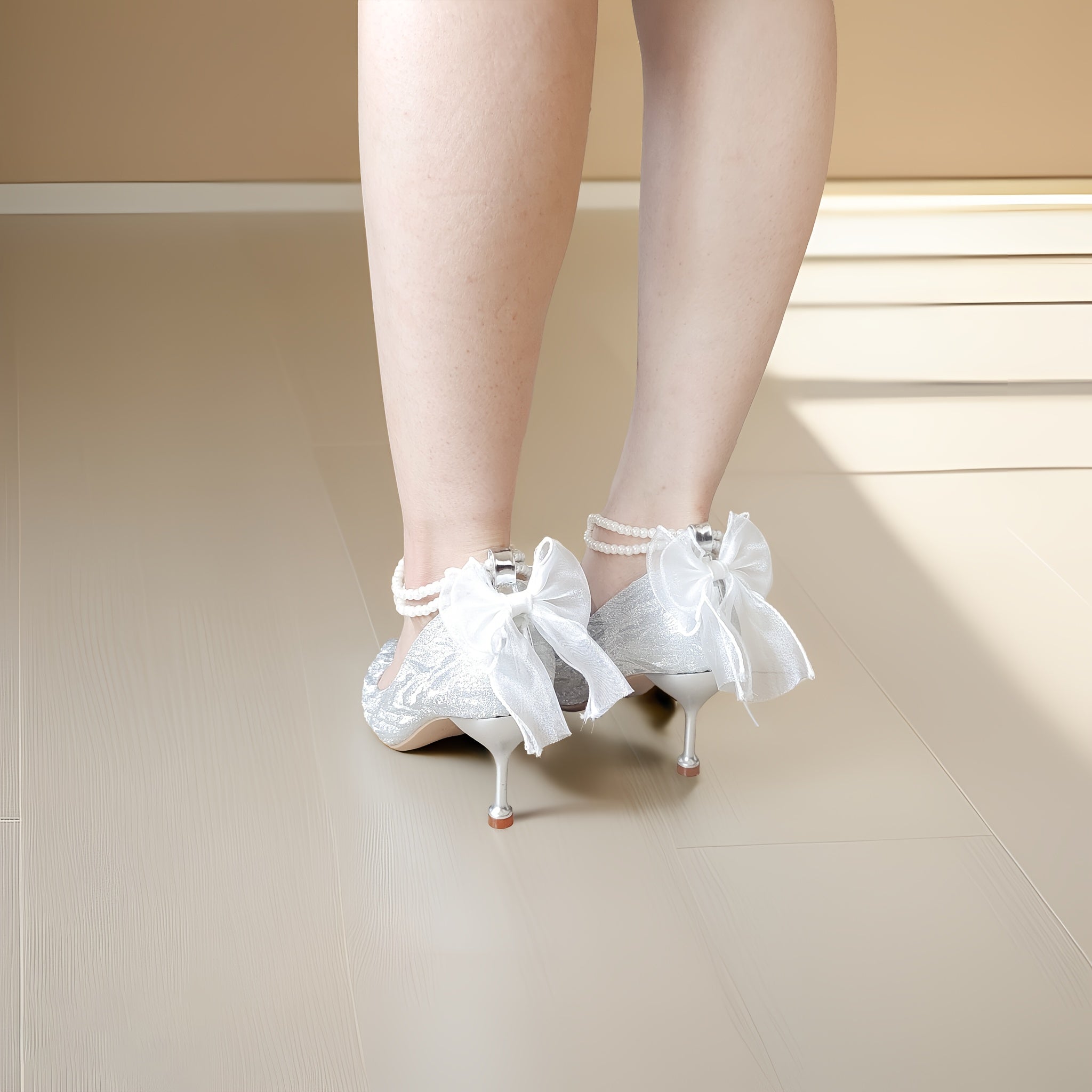 Elegant Silvery Stiletto Heels for Women with Bow Detail - Pointed Toe, Synthetic Cover, Rubber Sole, All-Season Versatile High Heels|Glittery Heels|Rubber Sole Heels