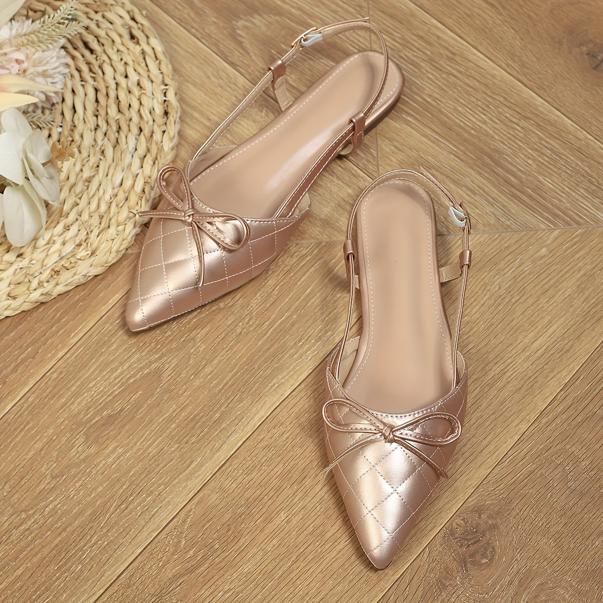 Women's Elegant Slip-On Pointed Toe Sandals with Bow Detail - Soft Flat Sole, Rose Golden PU Cover & Rubber Outfit-Boosting Flats for Dresses, Casual to Formal Events, Dress Shoes, Chic Footwear, Stylish Finish, Fashion Footwear, Stylish Women