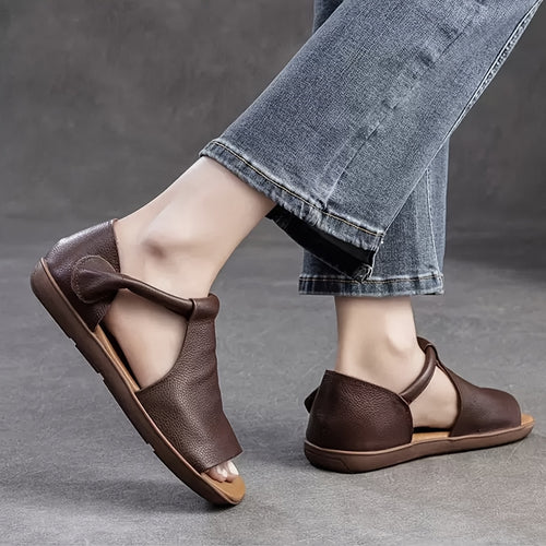 Comfortable Sandals Comfortable Brown PU Women's Summer Sandals | Open-Toe Flat Sandals with Adjustable Hook-and-Loop Strap, Soft Rubber Sole, Casual Strappy Sandals, Durable Footwear for All Seasons