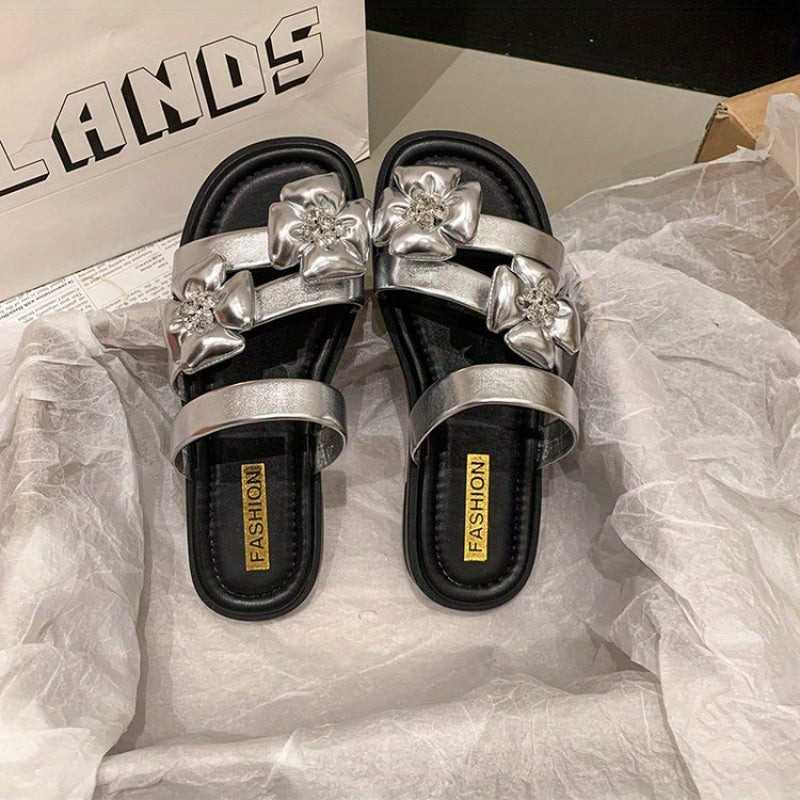 2025 New Korean Style Summer Open-Toe Flat Sandals for Women - Casual Fashion, Floral Embellishments, Non-Slip Rubber Sole, Ankle Strap, Beige & Black Design, Summer Sandal