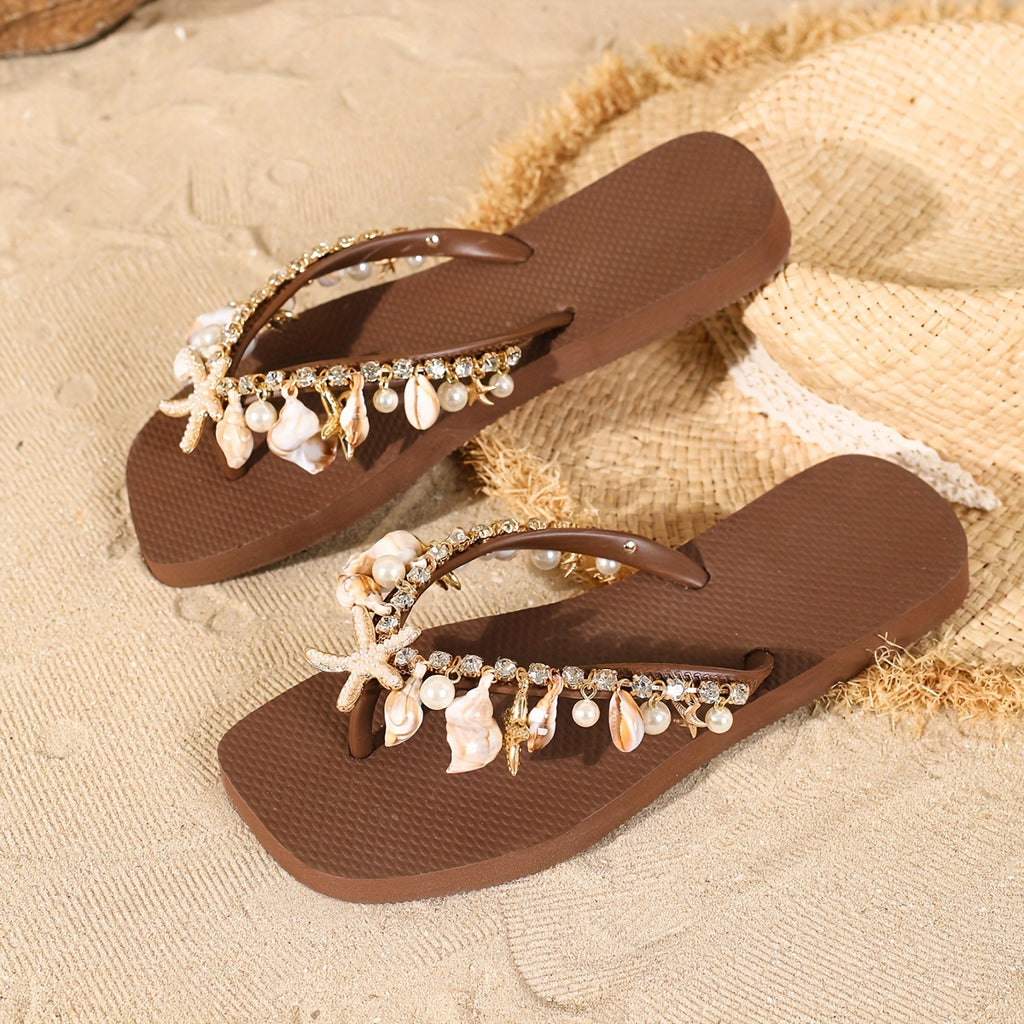 Handmade Beaded Shell Starfish Rhinestone Decorated Chain Summer Women's Beach Slippers with Soft Sole, Anti-Slip Detachable Design for Seaside Vacation Fairy Style