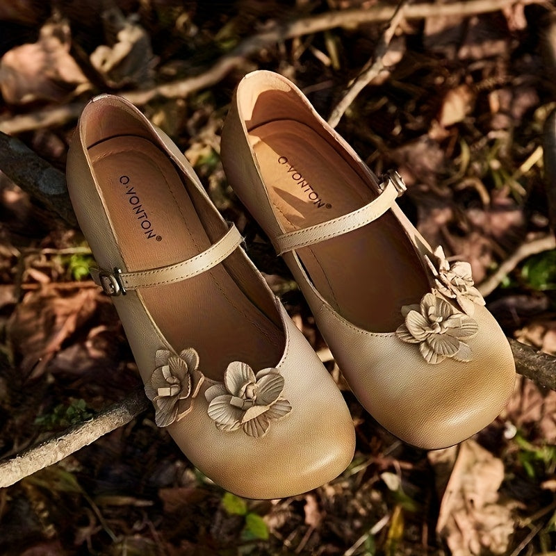 Women's Elegant Synthetic Cover Low Heel Flats with Adjustable Ankle Strap & Floral Embellishment - Round Toe Summer Casual Shoes, Beige, Everyday Comfort Footwear | Durable Traction Footwear
