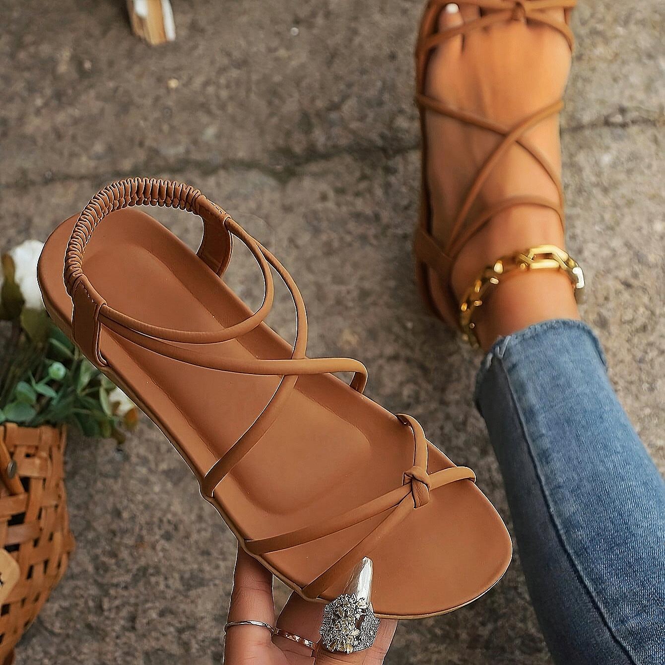 Women'S Elegant Summer Sandals - Comfortable Flat, Strappy Ankle Sandals with Golden Buckle, Synthetic Upper, White Toe Nails, Ideal for Holiday and Casual Wear, Casual Footwear | Elegant Sandals | Comfortable Footwear