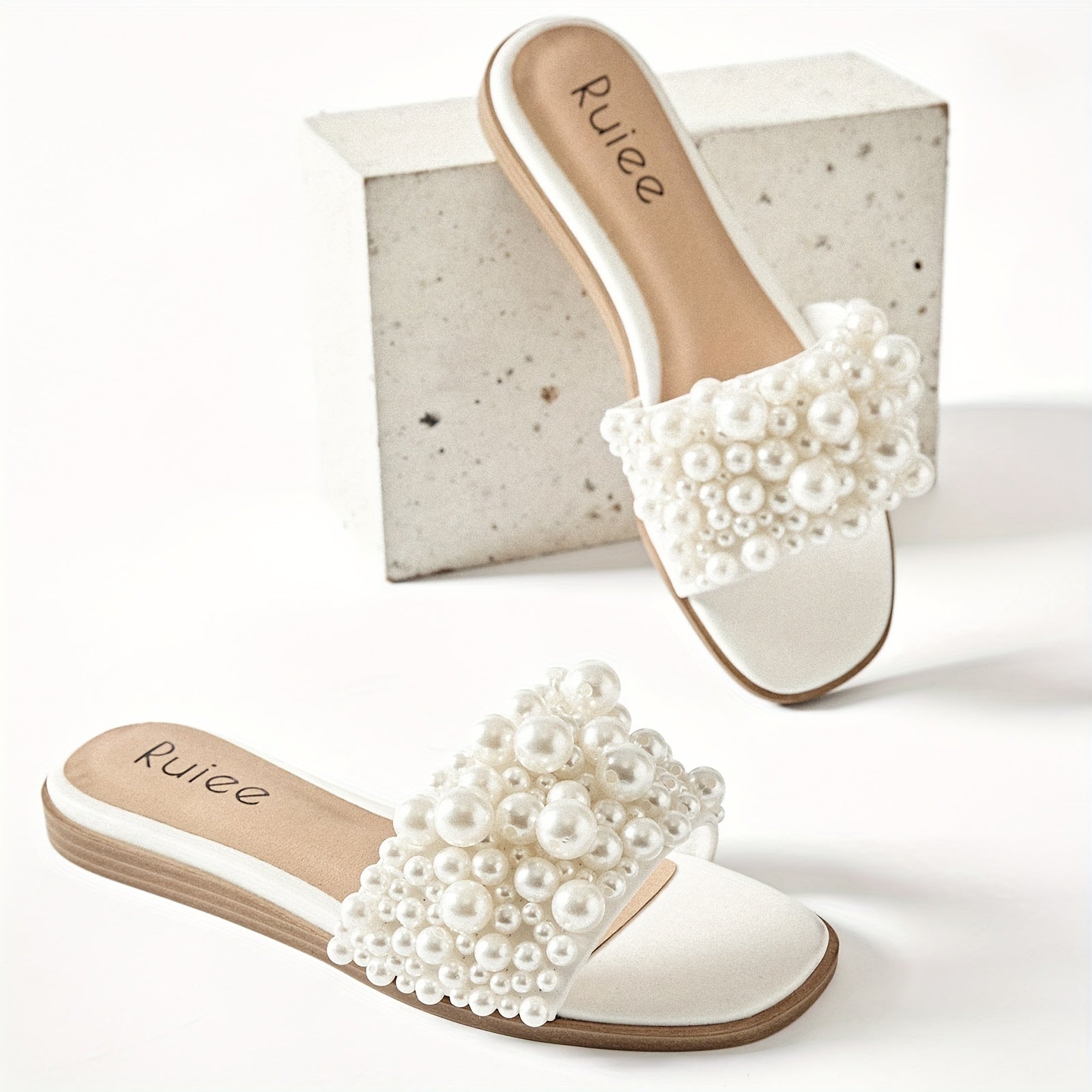 Women's -Embellished Flat Slides Sandals - Slip-On Open-Toe Summer Dressy Casual Shoes with PU Cover & TPR Sole, Comfortable White Footwear for Prom, Beach, Parties