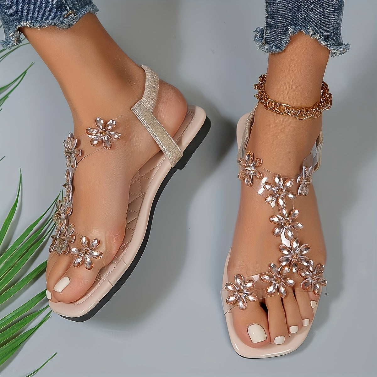 Women'S Floral Embellished Flat Sandals - Slip-On Open-Toe PU Cover with Cushioned Insole, Breathable & Lightweight for Casual Summer Outfits, Ladies Shoes And Sandals, Comfortable Footwear, Durable Traction Footwear
