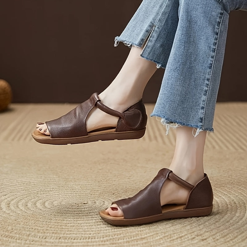 Comfortable Sandals Comfortable Brown PU Women's Summer Sandals | Open-Toe Flat Sandals with Adjustable Hook-and-Loop Strap, Soft Rubber Sole, Casual Strappy Sandals, Durable Footwear for All Seasons