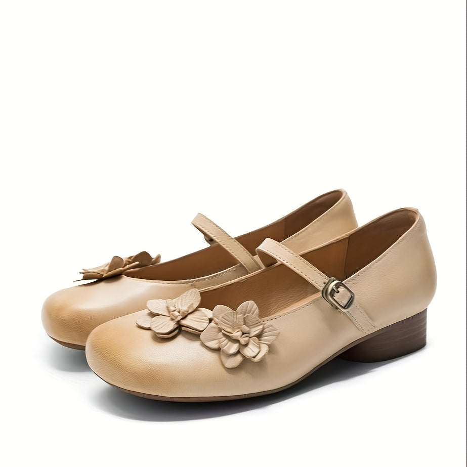 Women's Elegant Synthetic Cover Low Heel Flats with Adjustable Ankle Strap & Floral Embellishment - Round Toe Summer Casual Shoes, Beige, Everyday Comfort Footwear | Durable Traction Footwear