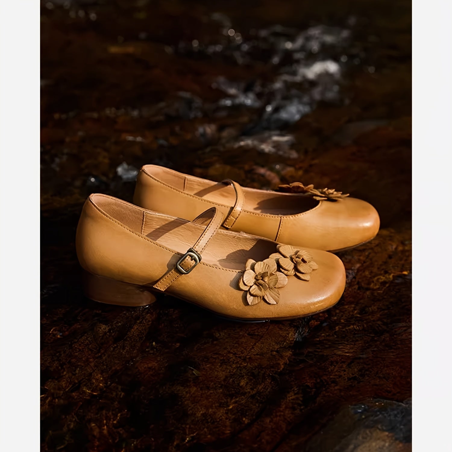 Women's Elegant Synthetic Cover Low Heel Flats with Adjustable Ankle Strap & Floral Embellishment - Round Toe Summer Casual Shoes, Beige, Everyday Comfort Footwear | Durable Traction Footwear