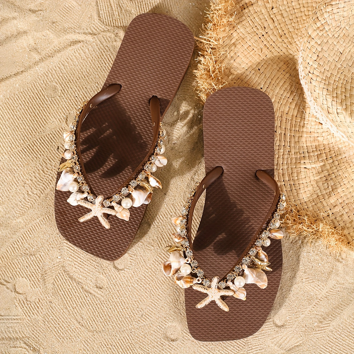 Handmade Beaded Shell Starfish Rhinestone Decorated Chain Summer Women's Beach Slippers with Soft Sole, Anti-Slip Detachable Design for Seaside Vacation Fairy Style