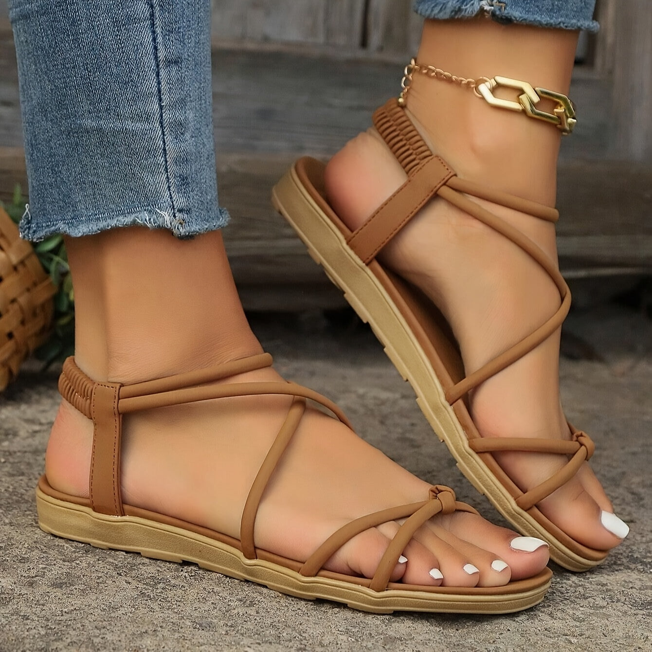 Women'S Elegant Summer Sandals - Comfortable Flat, Strappy Ankle Sandals with Golden Buckle, Synthetic Upper, White Toe Nails, Ideal for Holiday and Casual Wear, Casual Footwear | Elegant Sandals | Comfortable Footwear