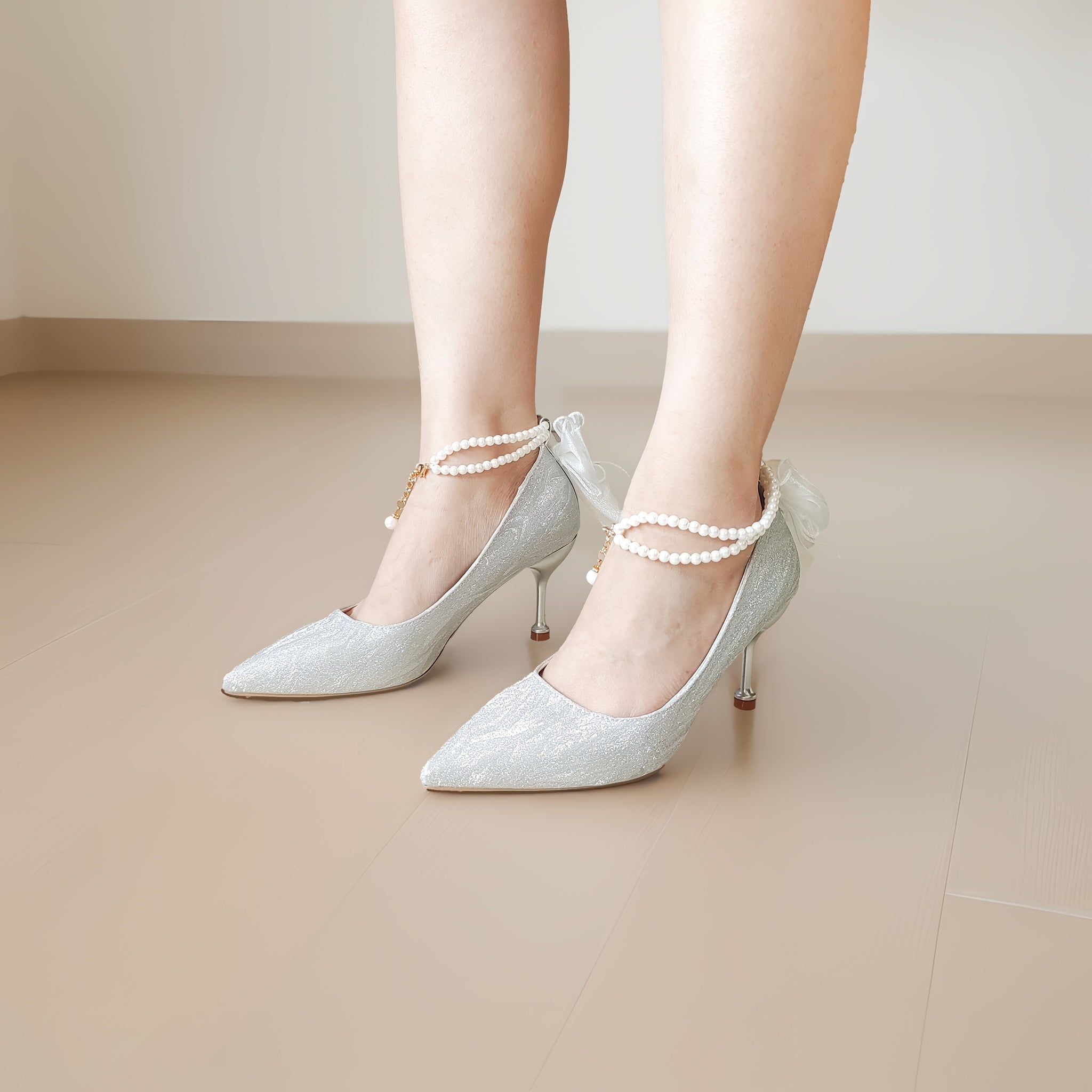 Elegant Silvery Stiletto Heels for Women with Bow Detail - Pointed Toe, Synthetic Cover, Rubber Sole, All-Season Versatile High Heels|Glittery Heels|Rubber Sole Heels