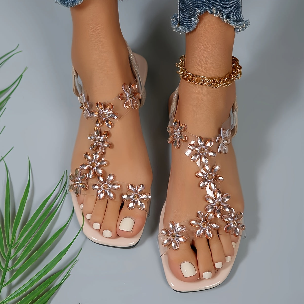 Women'S Floral Embellished Flat Sandals - Slip-On Open-Toe PU Cover with Cushioned Insole, Breathable & Lightweight for Casual Summer Outfits, Ladies Shoes And Sandals, Comfortable Footwear, Durable Traction Footwear
