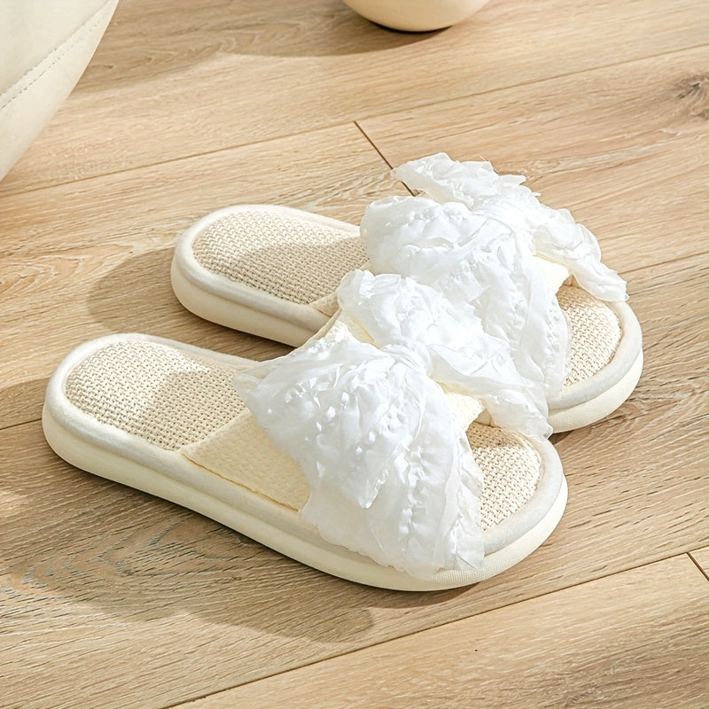 Linen Slip-On Slippers Comfortable Linen Women's Slip-On Slippers | Non-Slip Thick Sole, Bow Detail