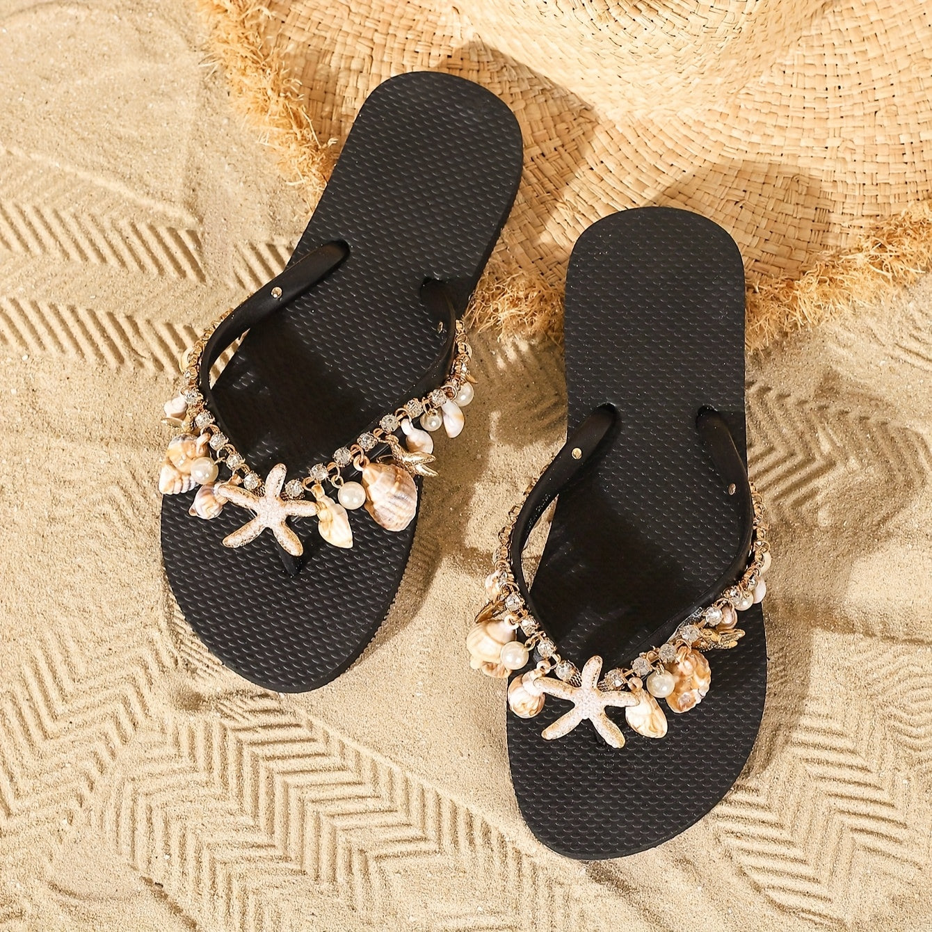 Handmade Beaded Shell Starfish Rhinestone Decorated Chain Summer Women's Beach Slippers with Soft Sole, Anti-Slip Detachable Design for Seaside Vacation Fairy Style