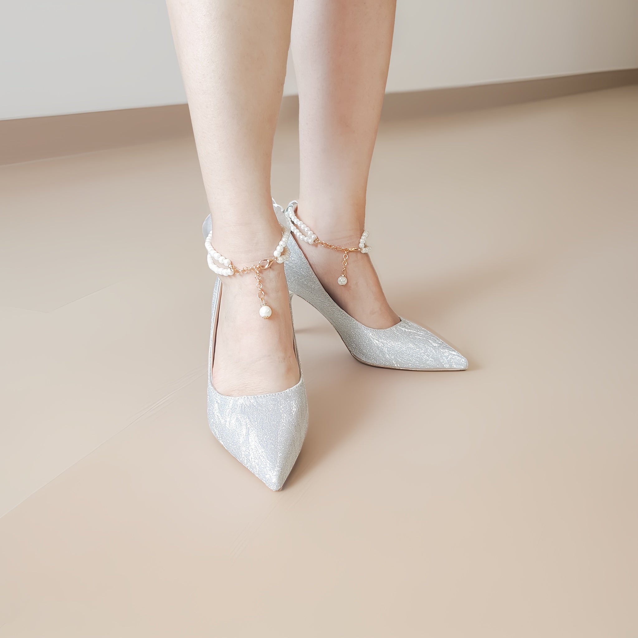 Elegant Silvery Stiletto Heels for Women with Bow Detail - Pointed Toe, Synthetic Cover, Rubber Sole, All-Season Versatile High Heels|Glittery Heels|Rubber Sole Heels