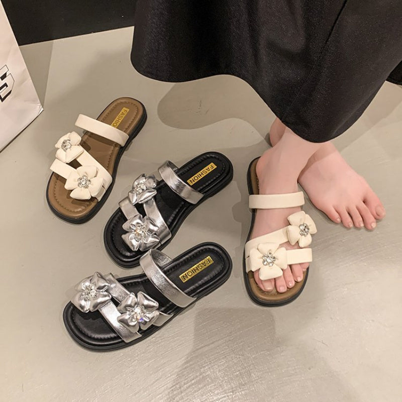 2025 New Korean Style Summer Open-Toe Flat Sandals for Women - Casual Fashion, Floral Embellishments, Non-Slip Rubber Sole, Ankle Strap, Beige & Black Design, Summer Sandal