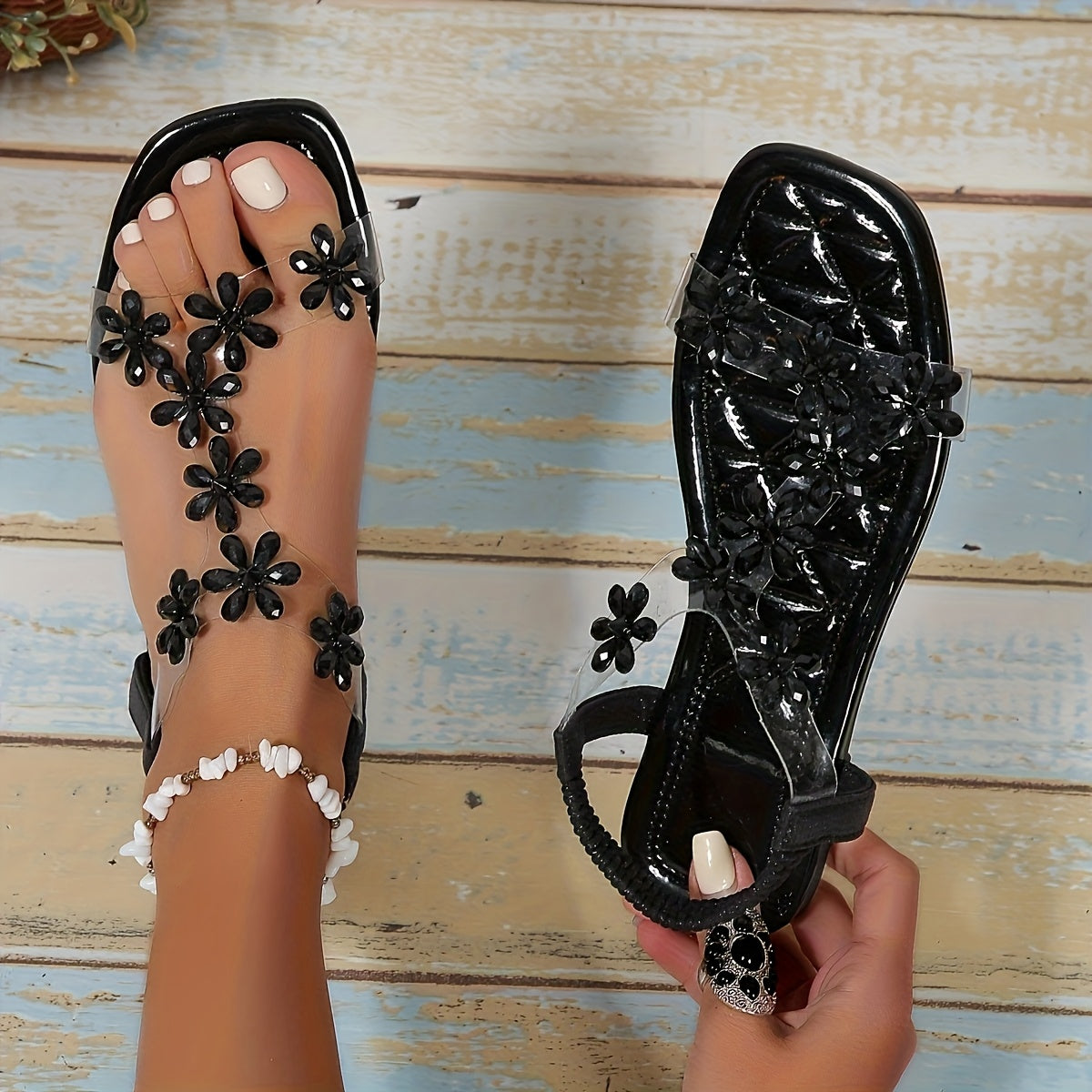 Women'S Floral Embellished Flat Sandals - Slip-On Open-Toe PU Cover with Cushioned Insole, Breathable & Lightweight for Casual Summer Outfits, Ladies Shoes And Sandals, Comfortable Footwear, Durable Traction Footwear