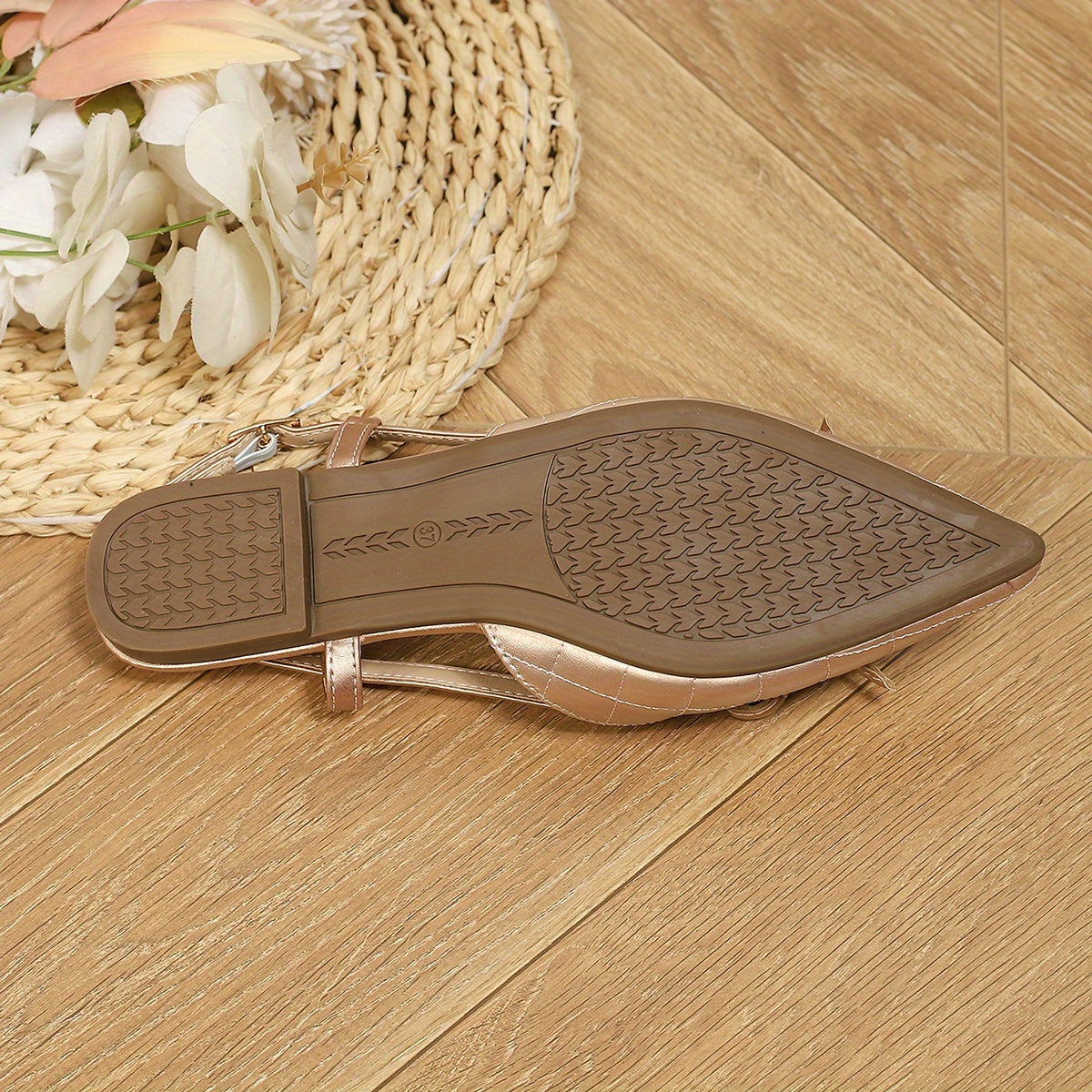 Women's Elegant Slip-On Pointed Toe Sandals with Bow Detail - Soft Flat Sole, Rose Golden PU Cover & Rubber Outfit-Boosting Flats for Dresses, Casual to Formal Events, Dress Shoes, Chic Footwear, Stylish Finish, Fashion Footwear, Stylish Women