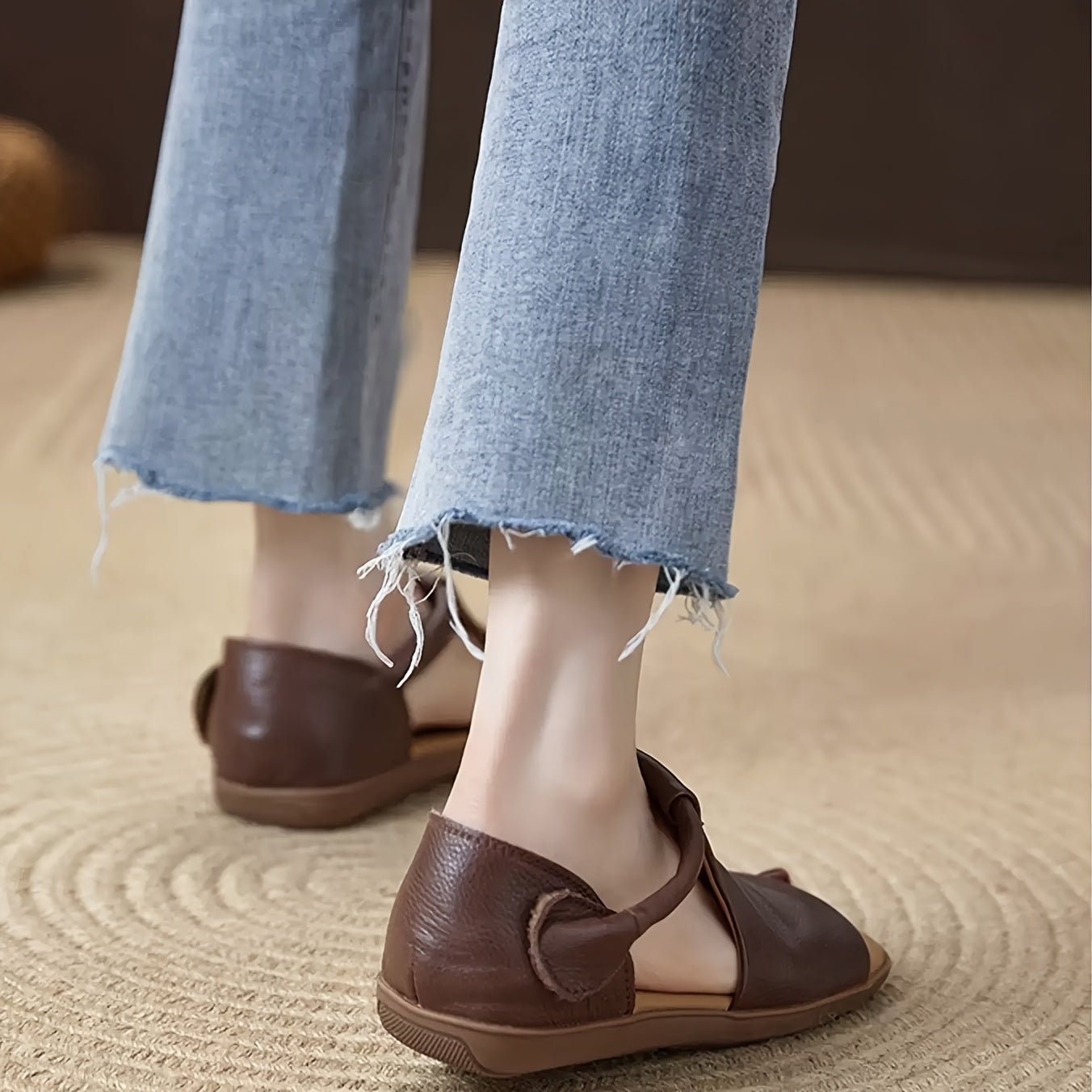 Comfortable Sandals Comfortable Brown PU Women's Summer Sandals | Open-Toe Flat Sandals with Adjustable Hook-and-Loop Strap, Soft Rubber Sole, Casual Strappy Sandals, Durable Footwear for All Seasons