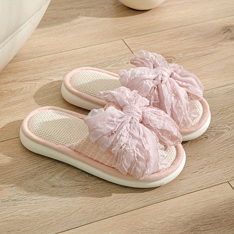 Linen Slip-On Slippers Comfortable Linen Women's Slip-On Slippers | Non-Slip Thick Sole, Bow Detail