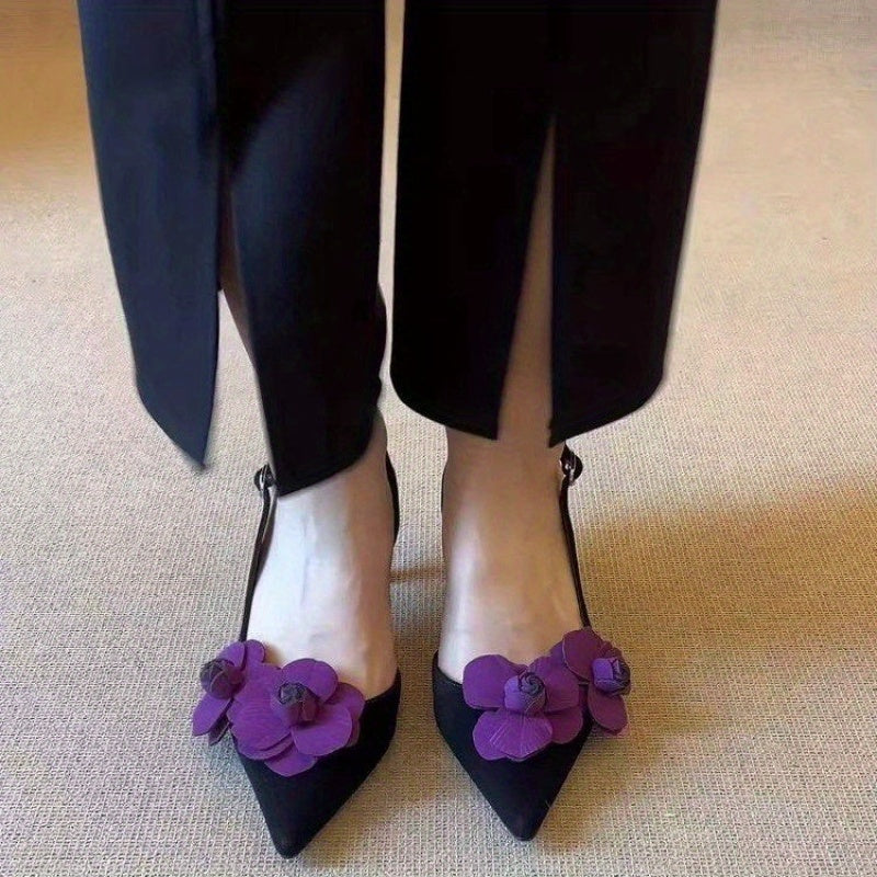 Elegant Women'S Floral Pointed-Toe Mid-Heel Pumps - Black Fabric with Purple Bow Detail, Ankle Strap & Stiletto Heel, Summer Office & Formal Shoes, New 2025 Design, Formal Footwear, Sophisticated Style, Durable Rubber Sole