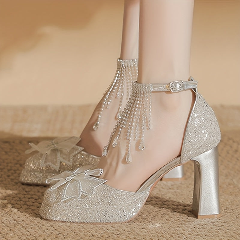 Shiny Silvery High Heels with Rhinestone Chain and Tassel Ankle Strap - Fashionable Chunky Platform Dress Shoes