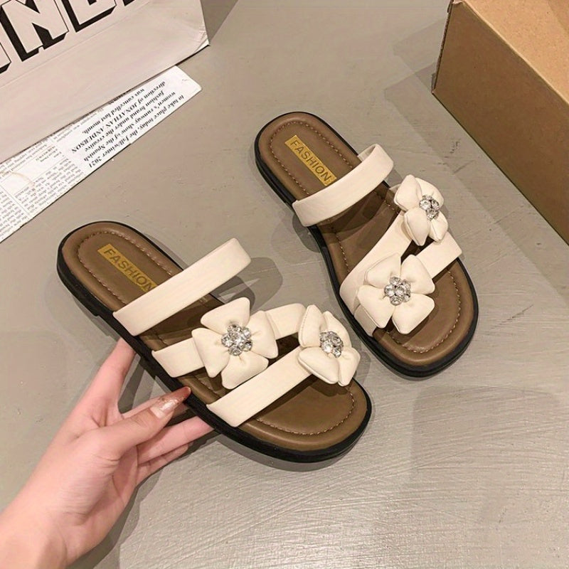 2025 New Korean Style Summer Open-Toe Flat Sandals for Women - Casual Fashion, Floral Embellishments, Non-Slip Rubber Sole, Ankle Strap, Beige & Black Design, Summer Sandal
