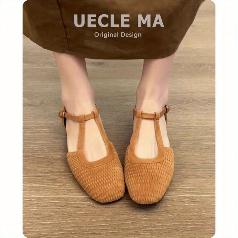 UECLE MA Women'S 2025 New Arrival Roman Sandals - Stylish Brown Faux Cover Ballet Flats with Bow Detail, Round Toe & Buckle Closure, Flat Heel for Summer Casual Wear, Ladies Shoes And Sandals, Summer Footwear, Elegant Shoe Design, Durable Rubber Sole