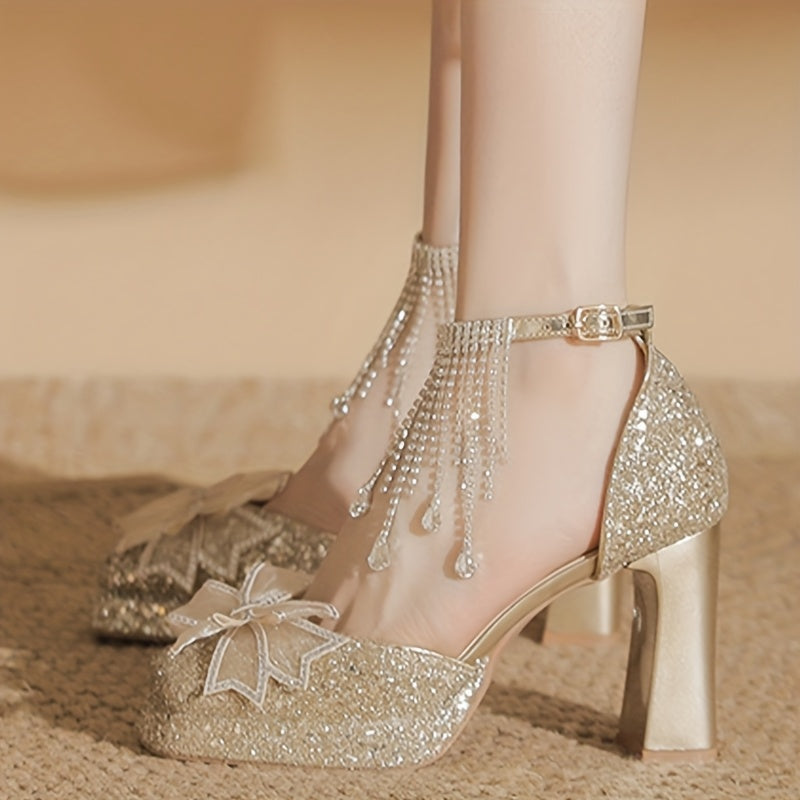 Shiny Silvery High Heels with Rhinestone Chain and Tassel Ankle Strap - Fashionable Chunky Platform Dress Shoes